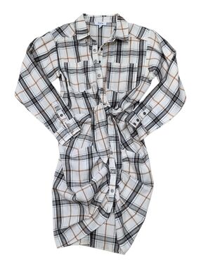 Fate Beige Plaid Button-Front Ruched Shirt Dress S